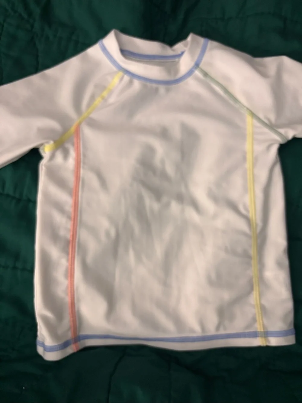 White Rash Guard with Multicolor Stitching & Yellow Bikini Bottoms